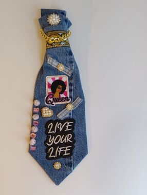 Embellished Denim Tie with 'Live Your Life' Patch